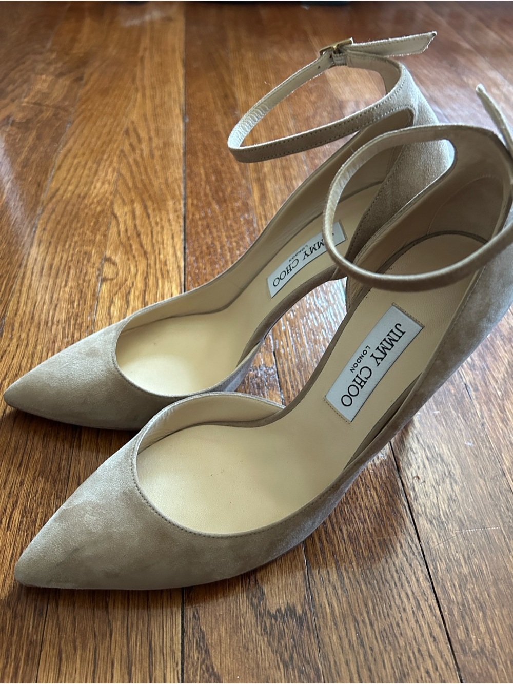 Jimmy Choo Lucy 100 Beige Suede Pointed-Toe Ankle-Strap Pumps - Picture 4 of 5